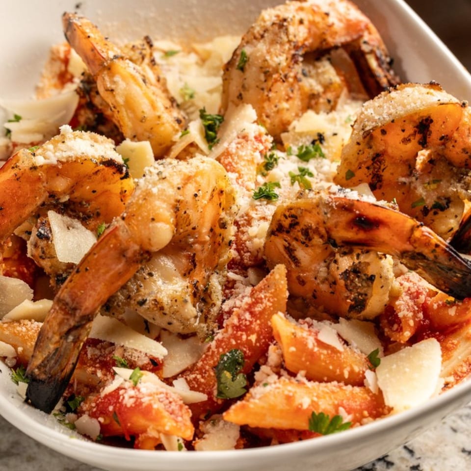Grilled shrimp and penne pasta with tomato sauce, parmesan cheese, and parsley in a white bowl.