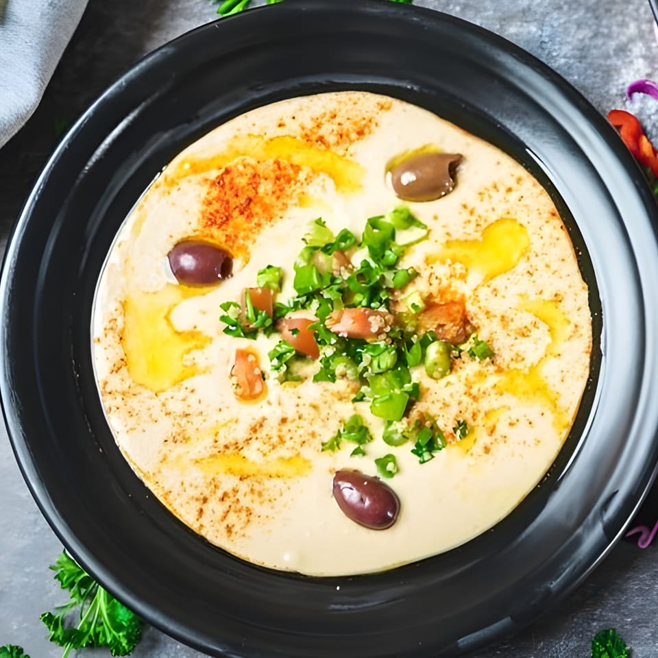 Creamy hummus topped with olive oil, paprika, chopped tomatoes, green onions, and olives.