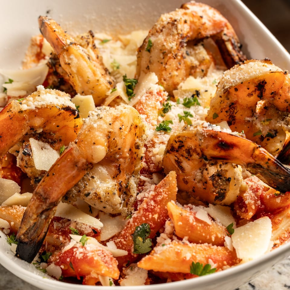 Grilled shrimp and penne pasta in red sauce, topped with parmesan cheese and parsley.